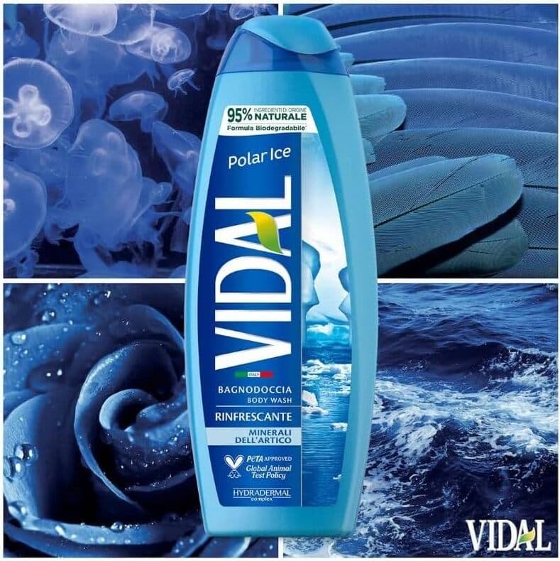3 X Bagnoschiuma Vidal Polar Ice 500ml - Formula Rinfrescante con Minerali dell'Artico, Dermatologicamente Testato - Cura della Pelle Revitalizzante