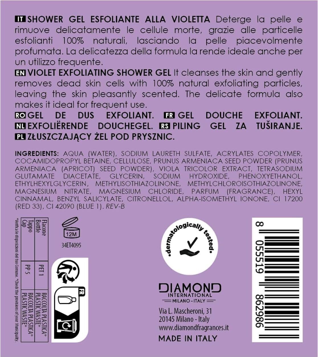 Gel Doccia Esfoliante DOLCE & MANIA Violetta | 300ml - Scrub Corpo Idratante con Fragranza di Violetta, Rimuove le Cellule Morte per una Pelle Morbida e Profumata