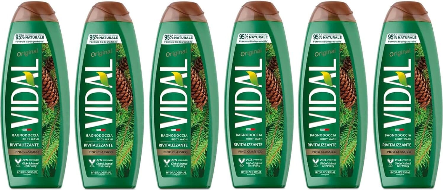 6 X Bagnoschiuma Vidal Original Pino Classico 500ml - Formula Rivitalizzante, Fragranza Pino, Dermatologicamente Testato