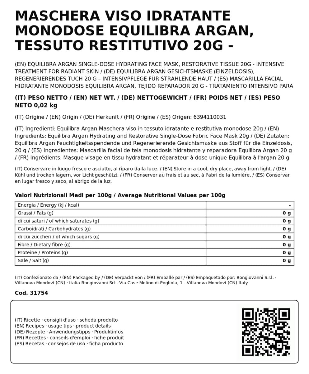 Maschera Viso Idratante Monodose Equilibra Argan, Tessuto Restitutivo 20g - Trattamento Intensivo Pelle Radiosa