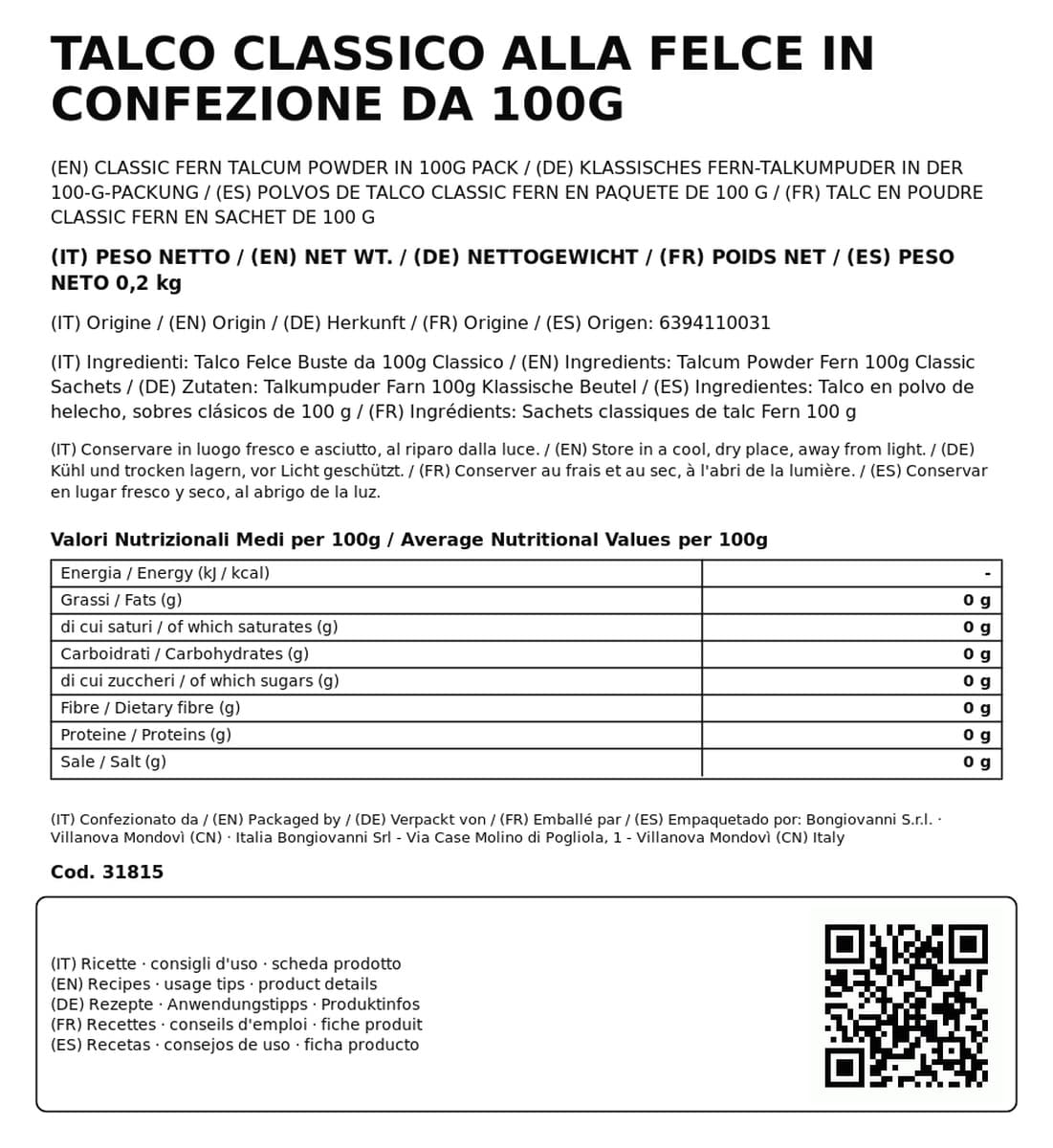 Talco Classico alla Felce in Confezione da 100g