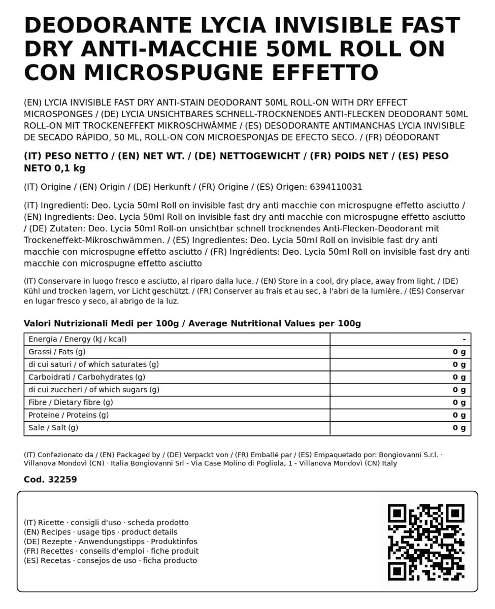 Deodorante Lycia Invisible Fast Dry Anti-Macchie 50ml Roll On con Microspugne Effetto Asciutto