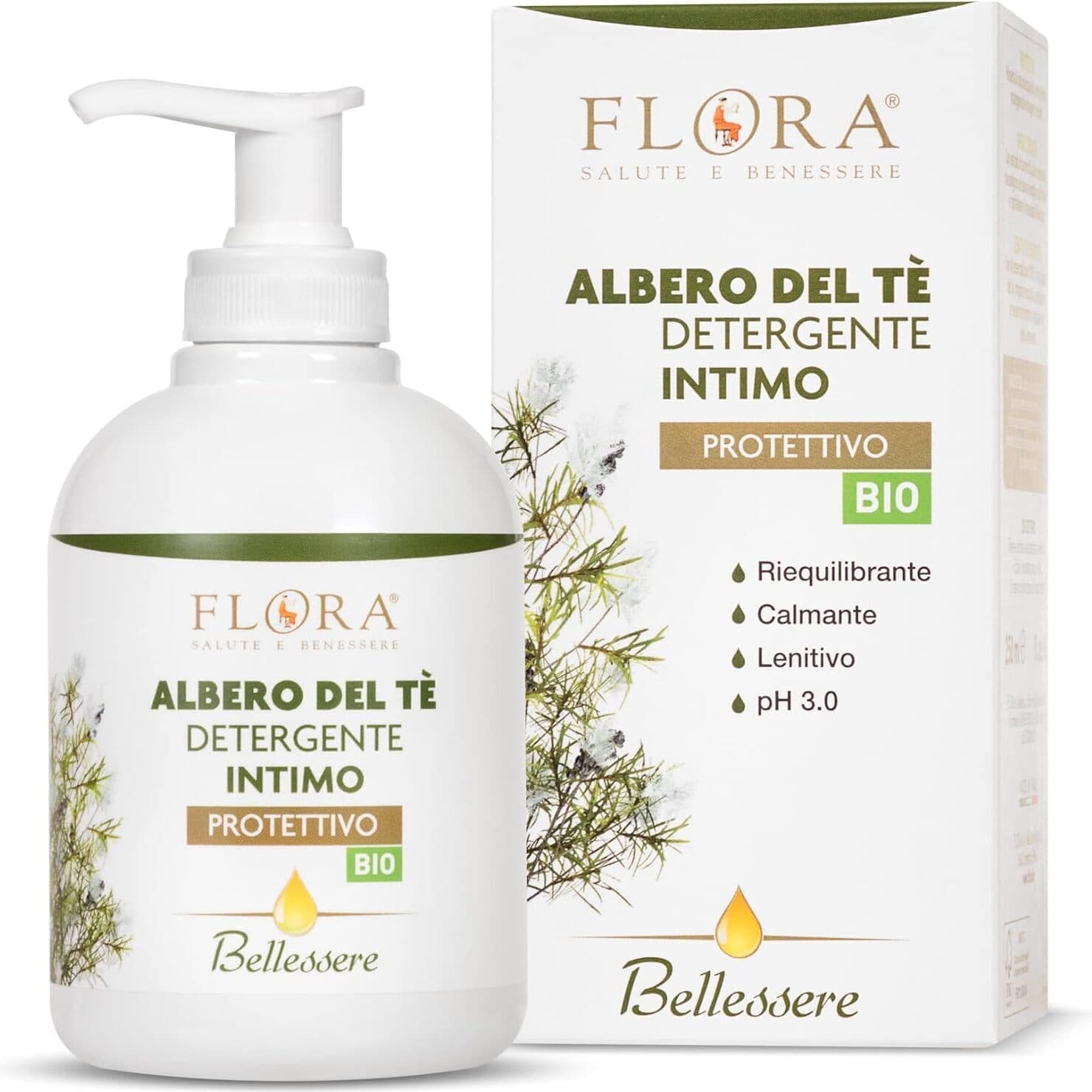 Detergente Intimo Flora Bellessere al Tè Verde - Protettivo, Idratante e Lenitivo, pH 3.0, 250 ml