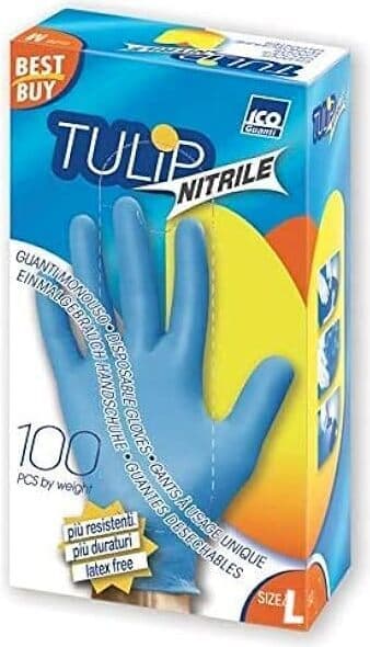 Guanti Monouso in Nitrile Tulip, Colore Blu, Taglia L, Confezione da 100 Paia