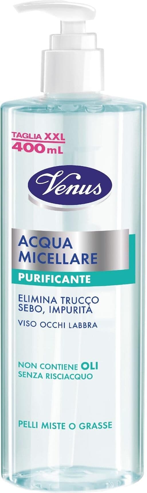Acqua Micellare Purificante Venus - Ideale per Rimozione Trucco e Sebo Eccessivo - Formulata per Pelli Miste e Grasse - Con Estratto di Menta e Acqua Virginiana - Senza Olio, No Risciacquo Necessario - 400 ml