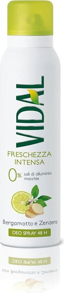 Deodorante Spray Vidal Freschezza Intensa 150ml - Senza Sali di Alluminio, Effetto Asciutto 48 Ore, con Fragranza di Bergamotto e Zenzero