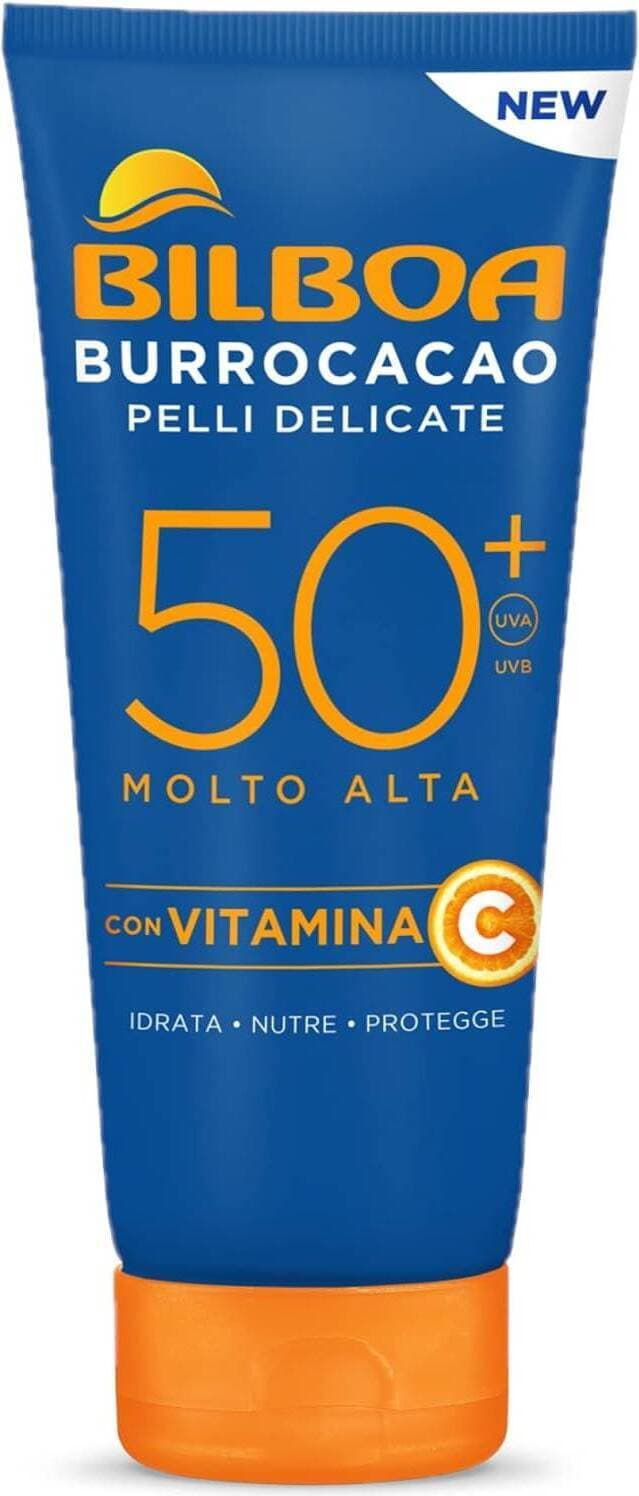 Crema Solare Bilboa Burrocacao con Vitamina C SPF 50+ 180 ml, Tubo Multipack 6 Pezzi - Protezione Solare Alta