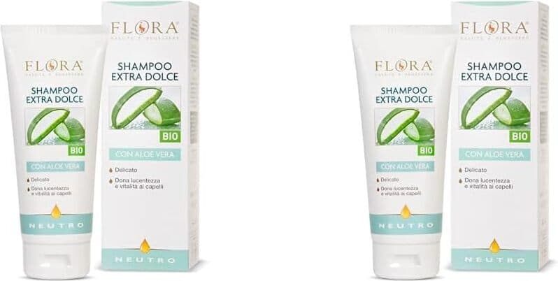 2 X Shampoo Delicato Flora Neutro 200 Ml con Succo di Aloe Vera Bio-Bdih - Ideale per Allergie e Pelli Sensibili, Compatibile con Oli Essenziali Puri 100%