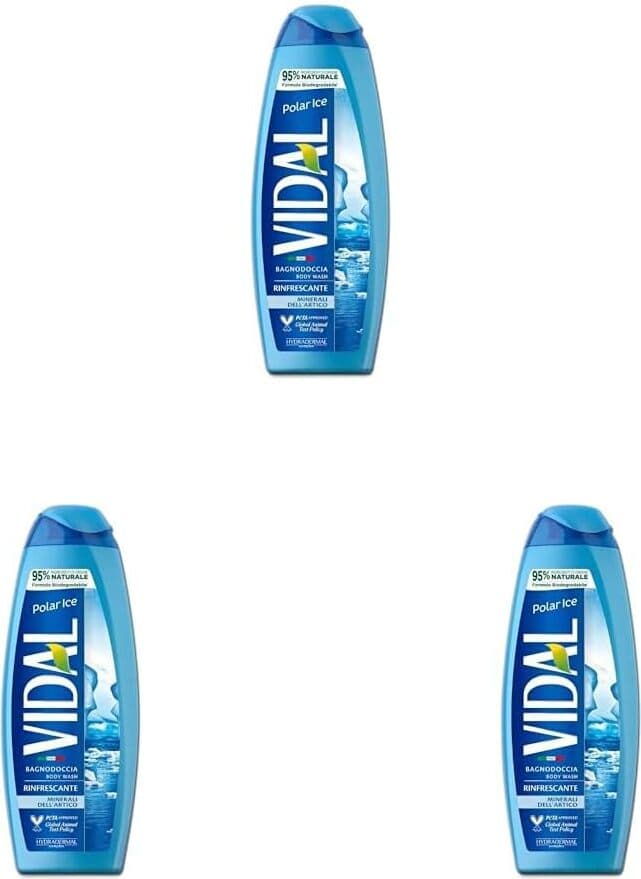 3 X Bagnoschiuma Vidal Polar Ice 500ml - Formula Rinfrescante con Minerali dell'Artico, Dermatologicamente Testato - Cura della Pelle Revitalizzante