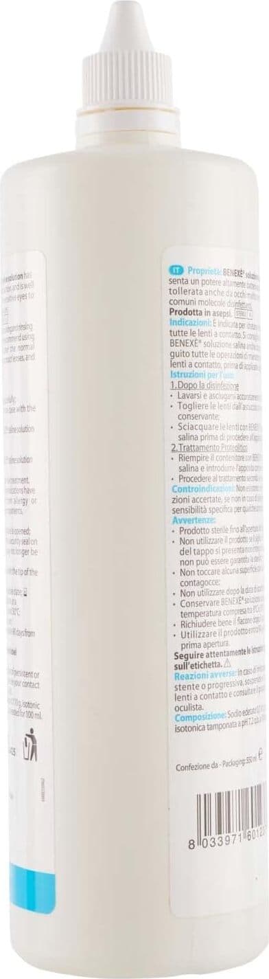 Soluzione Salina Benexe per Lenti a Contatto, 550ml - Liquido di Manutenzione per Pulizia e Conservazione Lenti