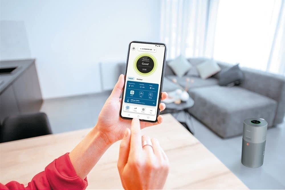 Hoover HHP55CA011 H-Purifier 500 – Purificatore d'Aria Avanzato con Filtro HEPA e Filtro ai Carboni Attivi – Elimina Allergeni e Pollini, Dotato di Diffusore di Aromi con Azione Igienizzante, Funzionalità Smart, Copertura 110 mq, Colore Titanio