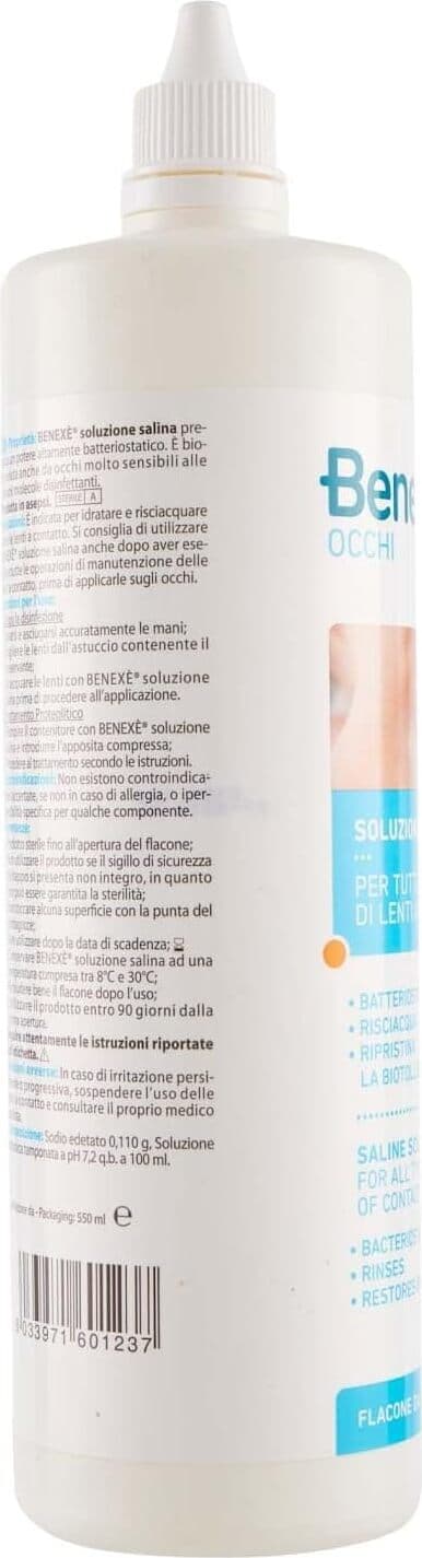 Soluzione Salina Benexe per Lenti a Contatto, 550ml - Liquido di Manutenzione per Pulizia e Conservazione Lenti