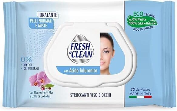 Salviettine Struccanti Fresh & Clean per Pelli Normali con Acido Ialuronico - Tessuto Naturale 100%, Senza Alcool e Oli Minerali, Confezione da 48 Pezzi