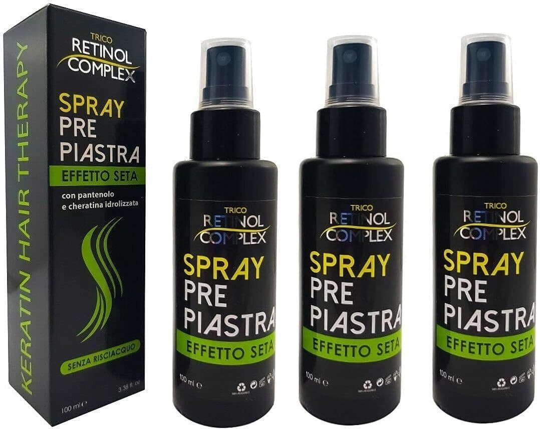 3 X Spray Protettivo Pre Piastra Trico Retinol Complex Effetto Seta con Pantenolo e Cheratina Idrolizzata - 100 ml - Ideale per Capelli Lisci e Lucenti