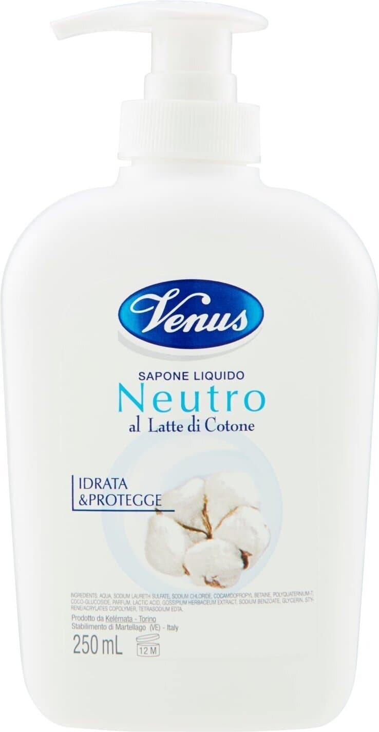 Sapone Liquido Venus per Viso e Mani - Formula Neutra con Latte di Cotone, Idratante e Protettivo - 250 ml
