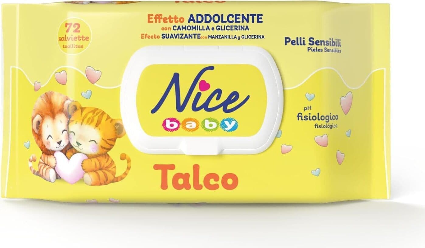 Nice Baby Talco Salviette per Cambio Pannolino, con Camomilla e Glicerina ad Effetto Addolcente sulla Pelle, Dermatologicamente Testate, Confezione da 72 Salviette