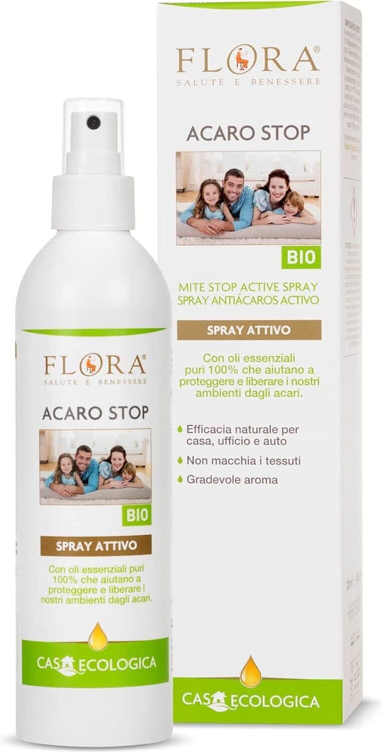Spray Antiacaro Flora Acaro Stop - Bio ICEA, Efficacia Naturale 200 ml per Casa, Ufficio e Auto, Ecologico e Non Macchia i Tessuti