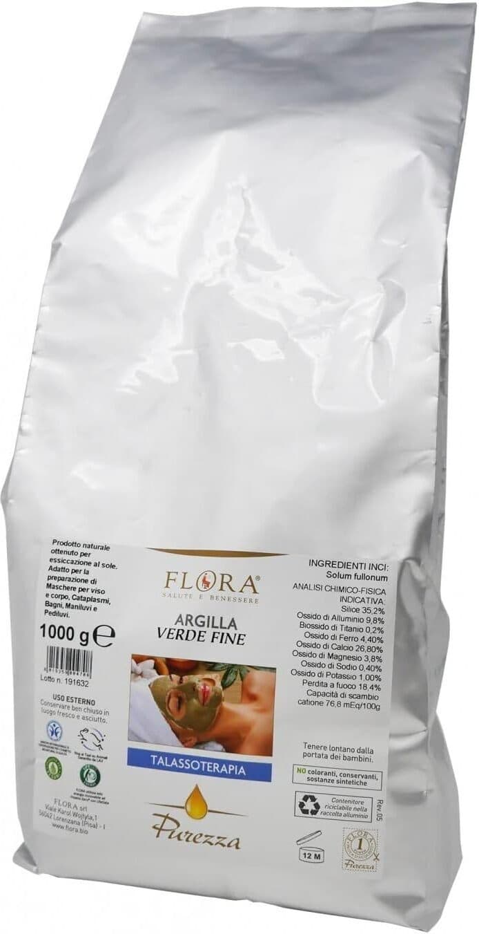 Argilla Verde Fine FLORA 1 Kg - Talassoterapia Certificata BDIH, Rigenerante e Rivitalizzante per la Pelle, Uso Esterno