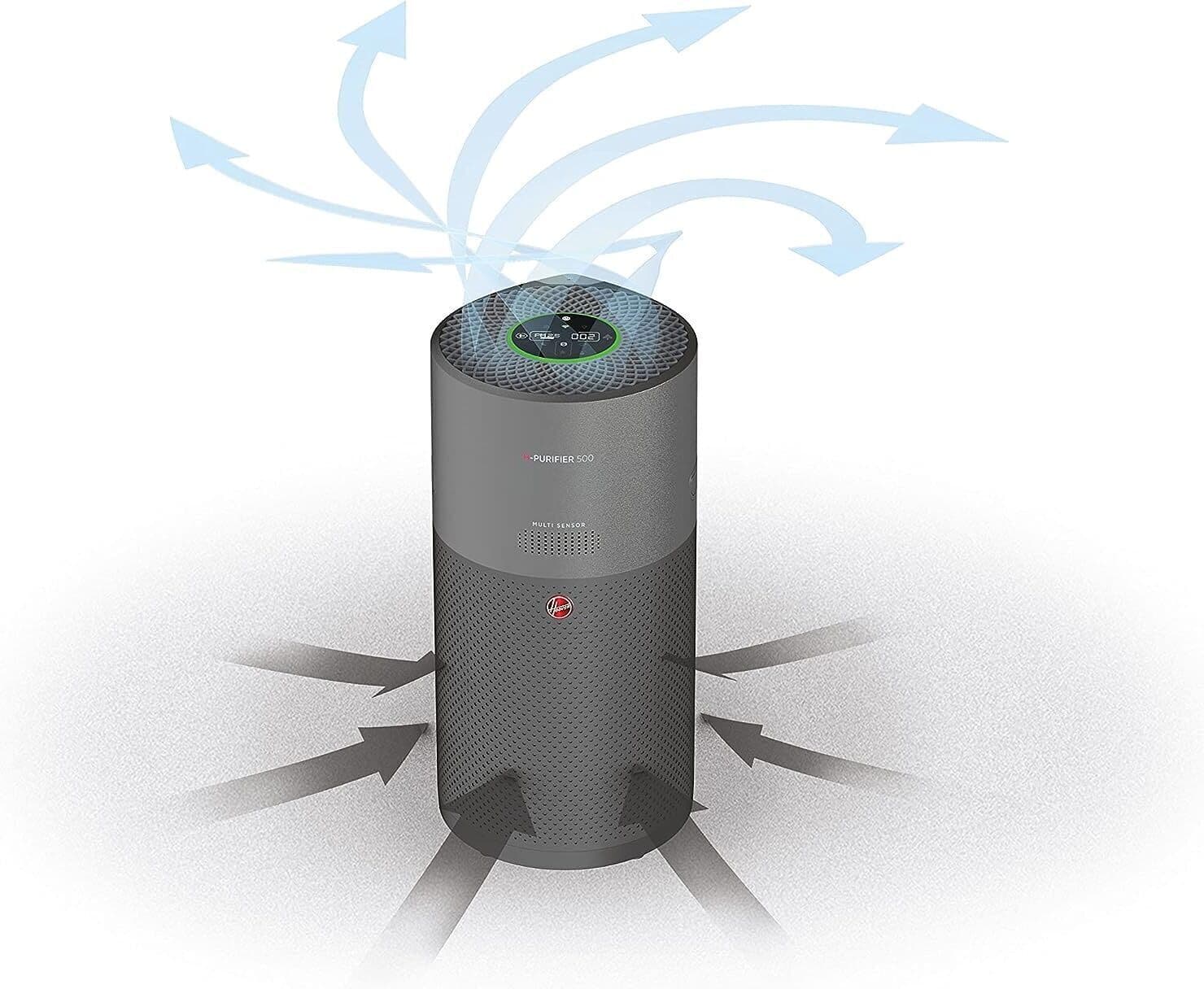 Hoover HHP55CA011 H-Purifier 500 – Purificatore d'Aria Avanzato con Filtro HEPA e Filtro ai Carboni Attivi – Elimina Allergeni e Pollini, Dotato di Diffusore di Aromi con Azione Igienizzante, Funzionalità Smart, Copertura 110 mq, Colore Titanio
