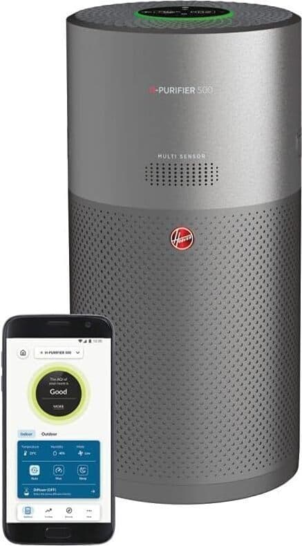 Hoover HHP55CA011 H-Purifier 500 – Purificatore d'Aria Avanzato con Filtro HEPA e Filtro ai Carboni Attivi – Elimina Allergeni e Pollini, Dotato di Diffusore di Aromi con Azione Igienizzante, Funzionalità Smart, Copertura 110 mq, Colore Titanio