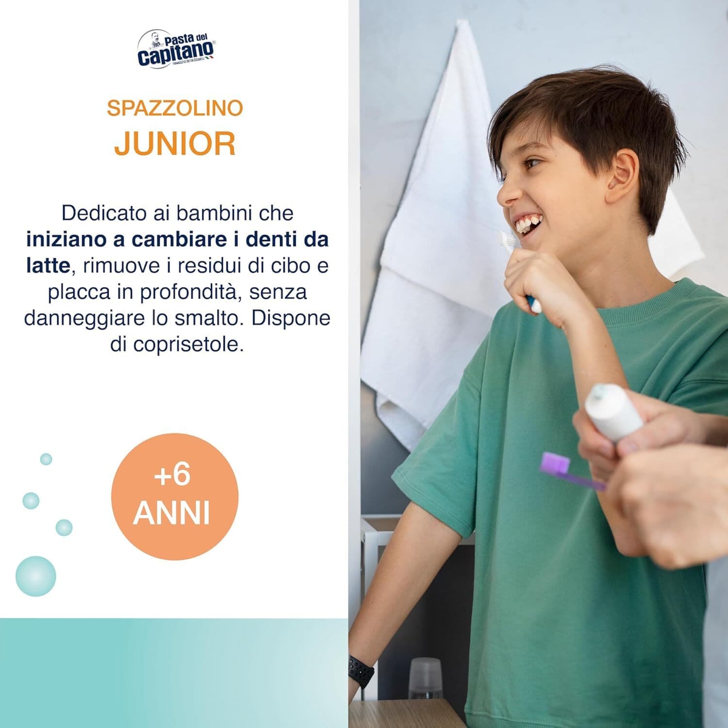 Pasta del Capitano, Spazzolino Junior, Rimuove Residui di Cibo e Placca Senza Danneggiare lo Smalto, Ideale per Bambini a Partire dai 6 Anni di Età, con Pulisci-Lingua, 100% Made in Italy