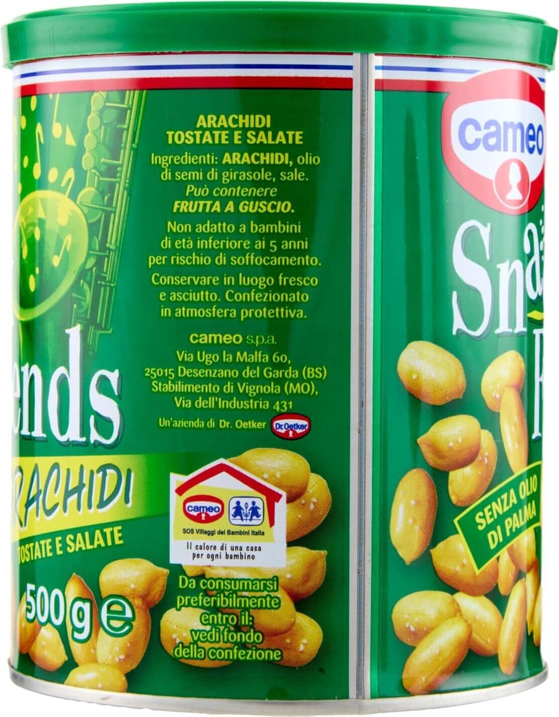 Cameo Snack Friends Arachidi 500 g, Arachidi Tostate e Salate Ideali per Aperitivo, Conservate in una Pratica Lattina con Coperchio Salva Freschezza, Senza Olio di Palma, Vegano, 500 g Complessivi