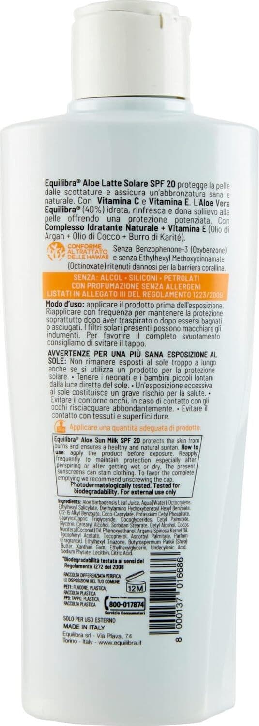 Latte Solare SPF 20 Equilibra con Aloe Vera - Protezione Solare Idratante Water Resistant 200 ml