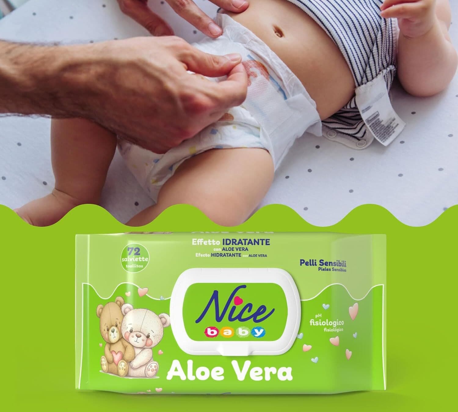 Nice Baby Aloe Vera Salviette per Cambio Pannolino, con Aloe Vera ad Effetto Idratante sulla Pelle, Dermatologicamente Testate, Confezione da 72 Salviette