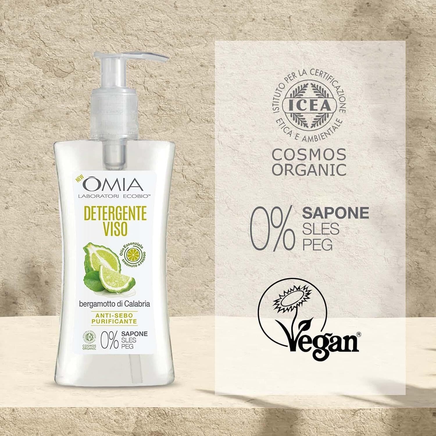 Omia, Detergente Viso anti-sebo purificante con Olio Essenziale di Bergamotto di Calabria, formula studiata per rimuovere l'eccesso di sebo, ideale per pelli miste, Certificato Cosmos Organic, 200 ml