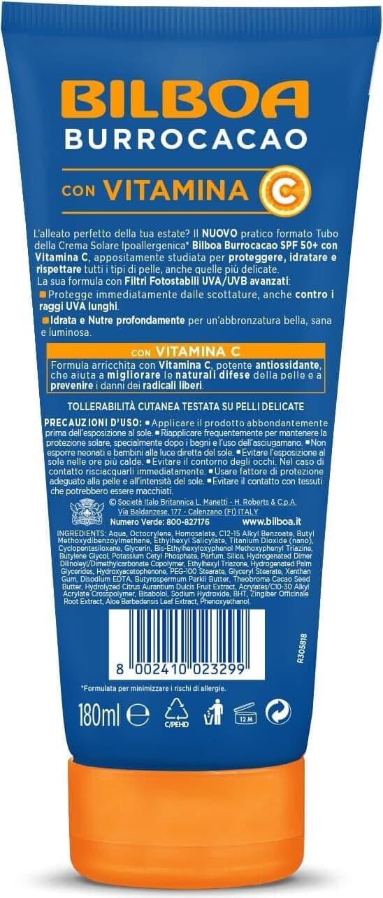 Crema Solare Bilboa Burrocacao con Vitamina C SPF 50+ - Tubo da 180ml - Protezione Solare Alta
