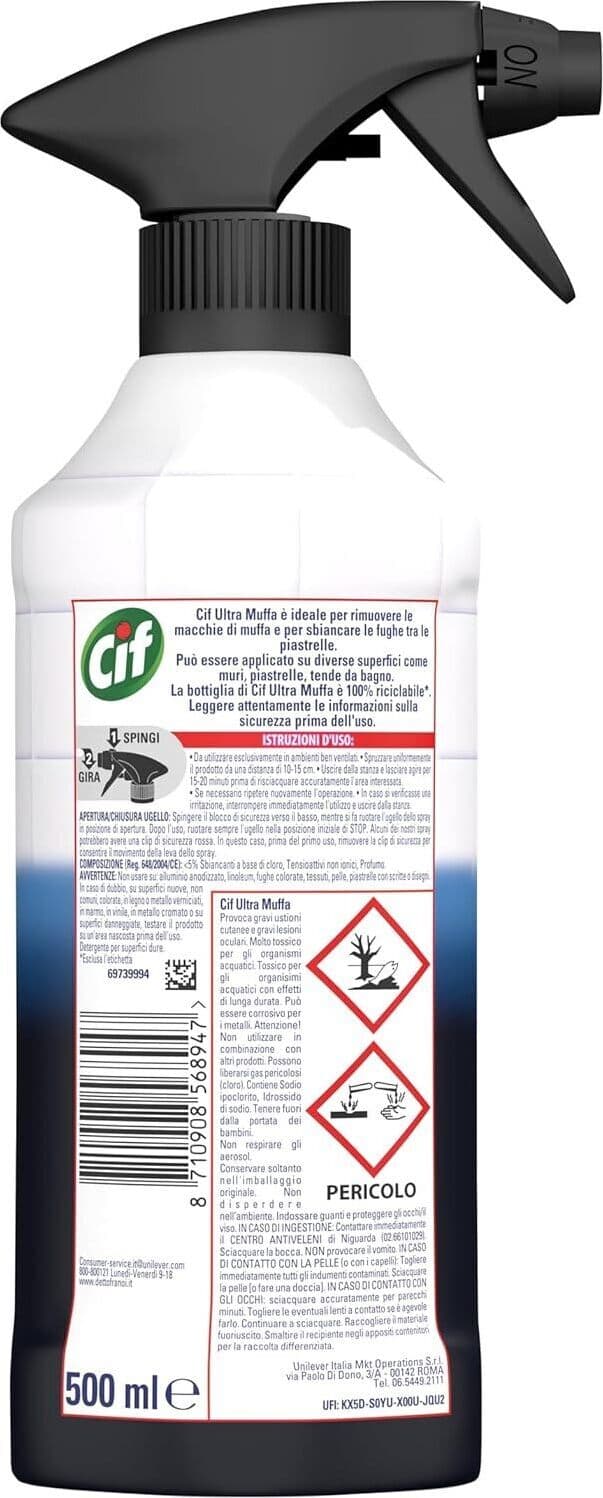 12 X Spray Antimuffa Cif Ultra Muffa 500 ml - Detergente Potente per Rimozione Macchie di Muffa e Sbiancamento Fughe Piastrelle, Ideale per Muri, Piastrelle, Tende da Bagno