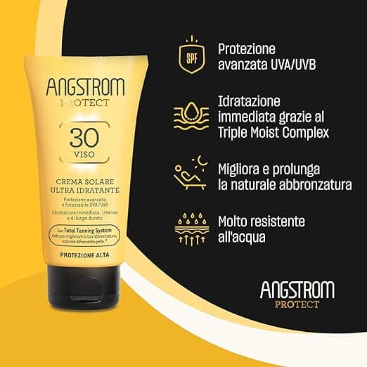 ANGSTROM Protect Crema Solare Viso SPF 30, Stimola la Produzione di Melanina con il Total Tanning System, con Filtri Solari UVA/UVB, Molto Resistente all'Acqua, Dermatogicamente Testato, 50 ml