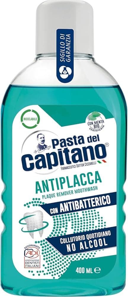 Pasta del Capitano, Collutorio Antiplacca, Collutorio Quotidiano Senza Alcool, Esercita un'Efficace Azione Antiplacca, Con Antibatterico, 100% Made in Italy, Flacone da 400 ml