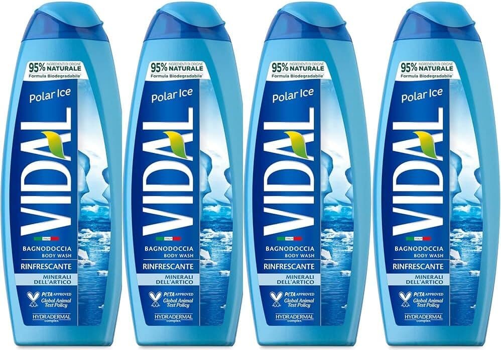 4 X Bagnoschiuma Vidal Polar Ice 500ml - Formula Rinfrescante con Minerali dell'Artico, Dermatologicamente Testato - Cura della Pelle Revitalizzante
