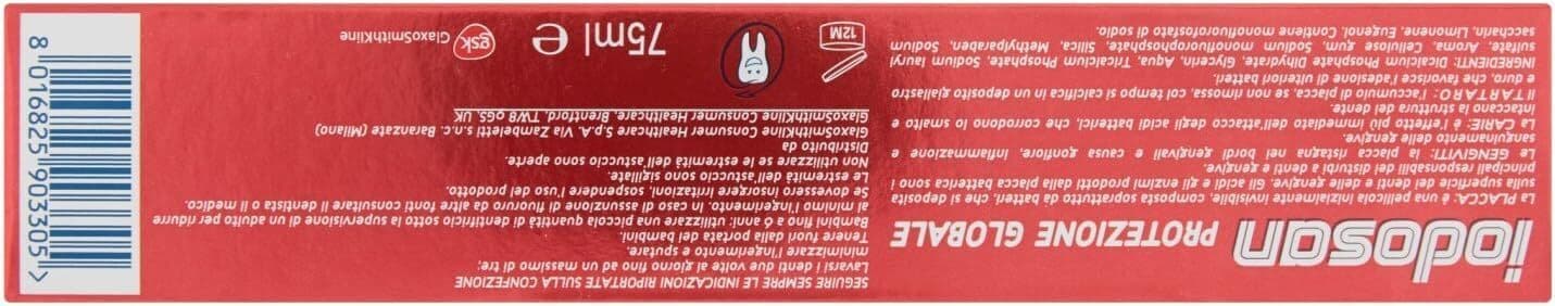 Iodosan Dentifricio Protezione Globale, con Fluoro, Aiuta a combattere la Placca e protegge dalle Carie, Gengive Sane, Gusto Fresco, Confezione da 75ml