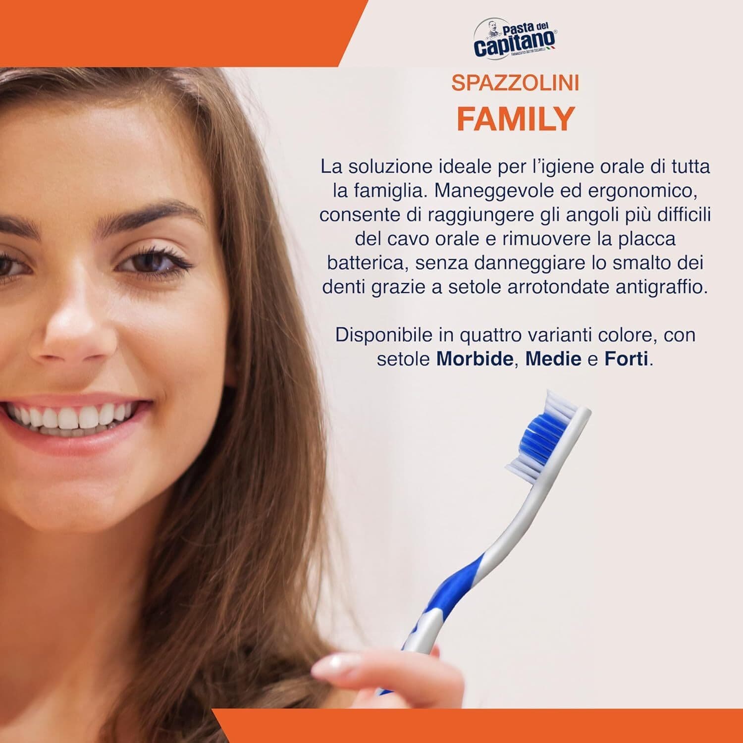 Pasta del Capitano, Spazzolino Family con Setole Morbide, Raggiunge gli Angoli più Difficili, Rimuove la Placca Batterica Senza Danneggiare lo Smalto