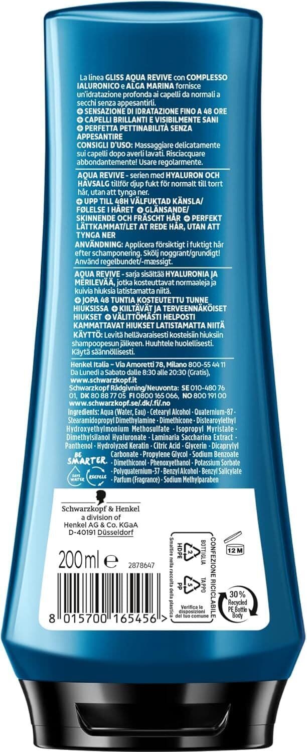 Schwarzkopf Gliss Aqua Revive Balsamo Idratante - Balsamo per Capelli Normali e Secchi con Complesso Ialuronico e Alga Marina, 200 ml - Idrata e Dona Lucentezza ai Capelli, Risultati Visibilmente Sani