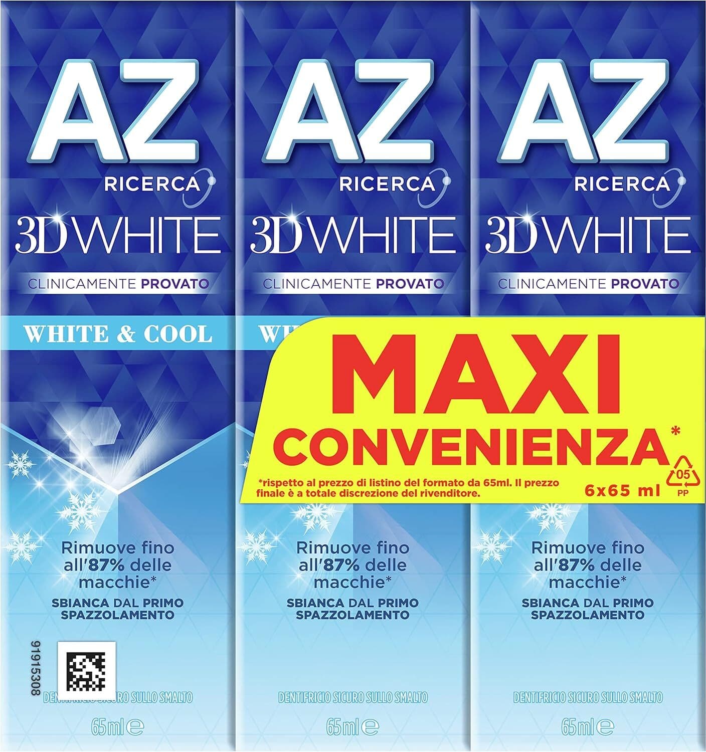 6 X Dentifricio AZ 3D White & Cool 65 ml - Formula Sbiancante Avanzata - Freschezza Intensa