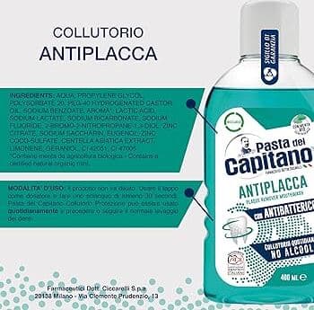 Pasta del Capitano, Collutorio Antiplacca, Collutorio Quotidiano Senza Alcool, Esercita un'Efficace Azione Antiplacca, Con Antibatterico, 100% Made in Italy, Flacone da 400 ml