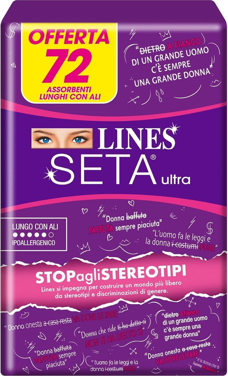 Assorbenti Ultra Lunghi con Ali LINES SETA - PACCO SCORTA - Confezione 72 Pezzi