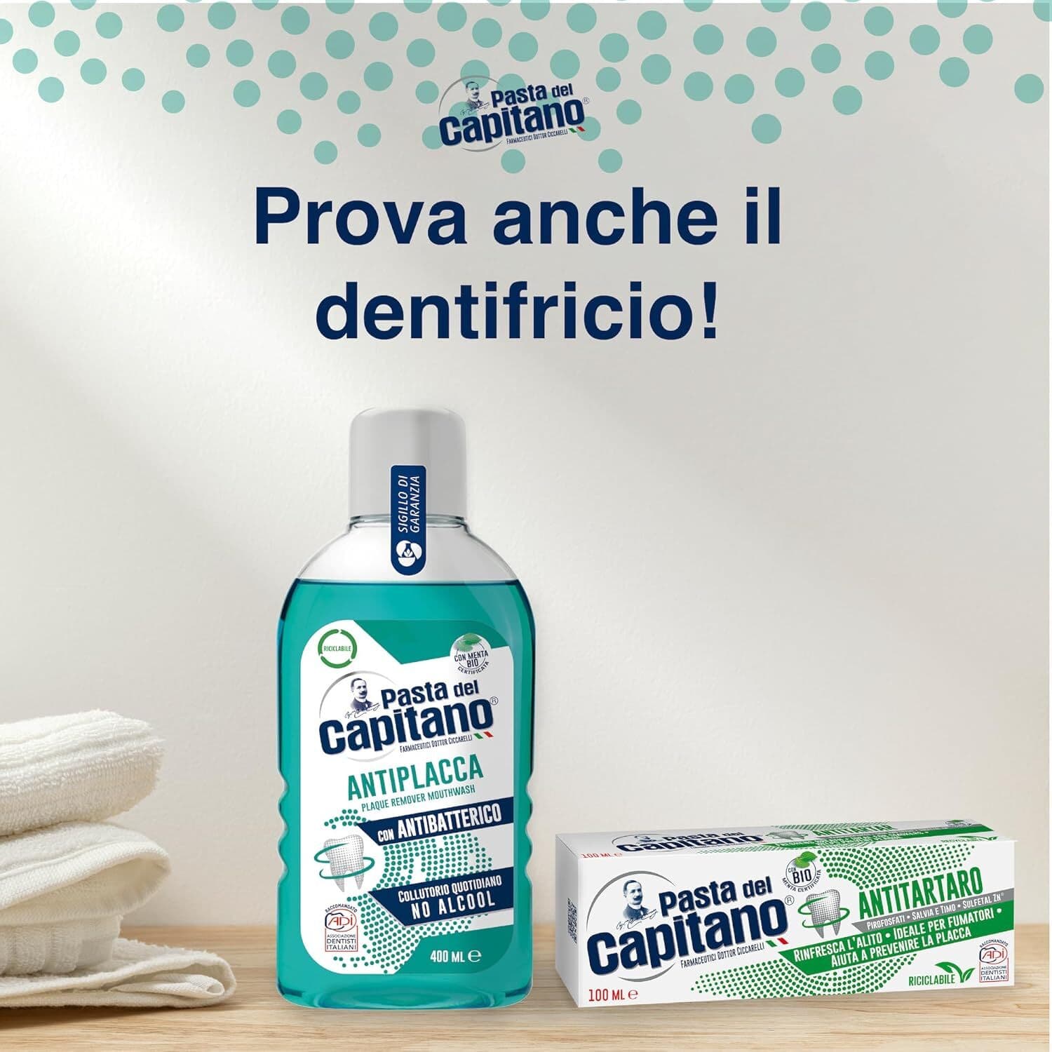 Pasta del Capitano, Collutorio Antiplacca, Collutorio Quotidiano Senza Alcool, Esercita un'Efficace Azione Antiplacca, Con Antibatterico, 100% Made in Italy, Flacone da 400 ml