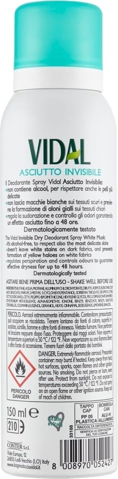 Deodorante Spray Vidal Invisibile Asciutto Senza Alcool 48h Fragranza Muschio Bianco 150ml