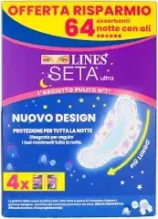 Assorbenti Notturni Lines Seta Ultra con Ali, Design Migliorato e Più Lungo, Pacco Scorta da 64 Pezzi