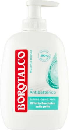 Sapone Liquido Igienizzante Borotalco con Antibatterico, Effetto Pelle Morbida e Vellutata, Profumo di Muschio Bianco, Rispetta il pH Naturale, Confezionato in 100% Plastica Riciclata, 250 ml