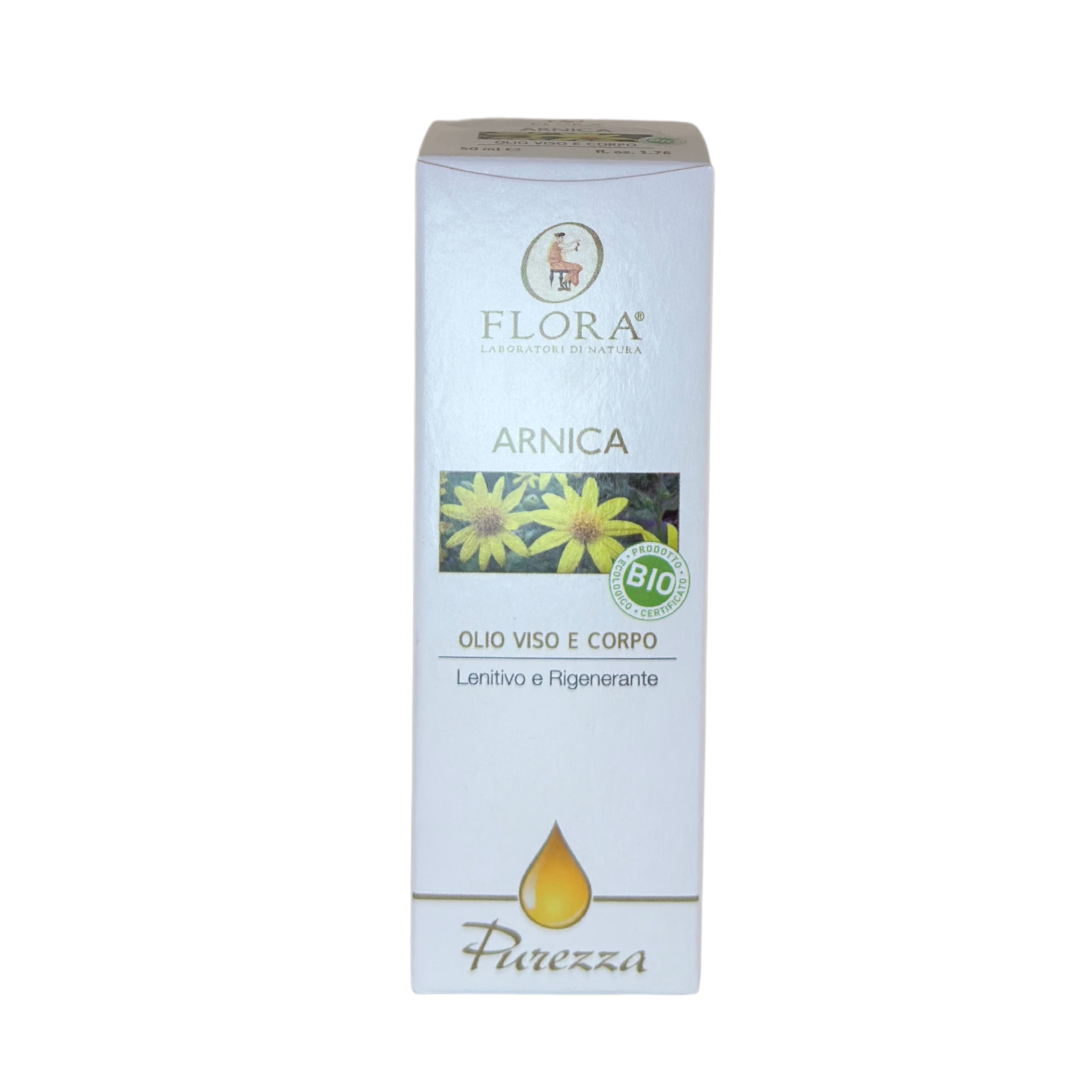 FLORA Olio di Arnica BIO‑COSMOS 100 % Puro 50 ml | Macerato 45 giorni in Olio di Oliva, Sesamo & Girasole | Lenitivo Rinvigorente per Traumi ed Ematomi | Base Aromaterapia | Made in Italy
