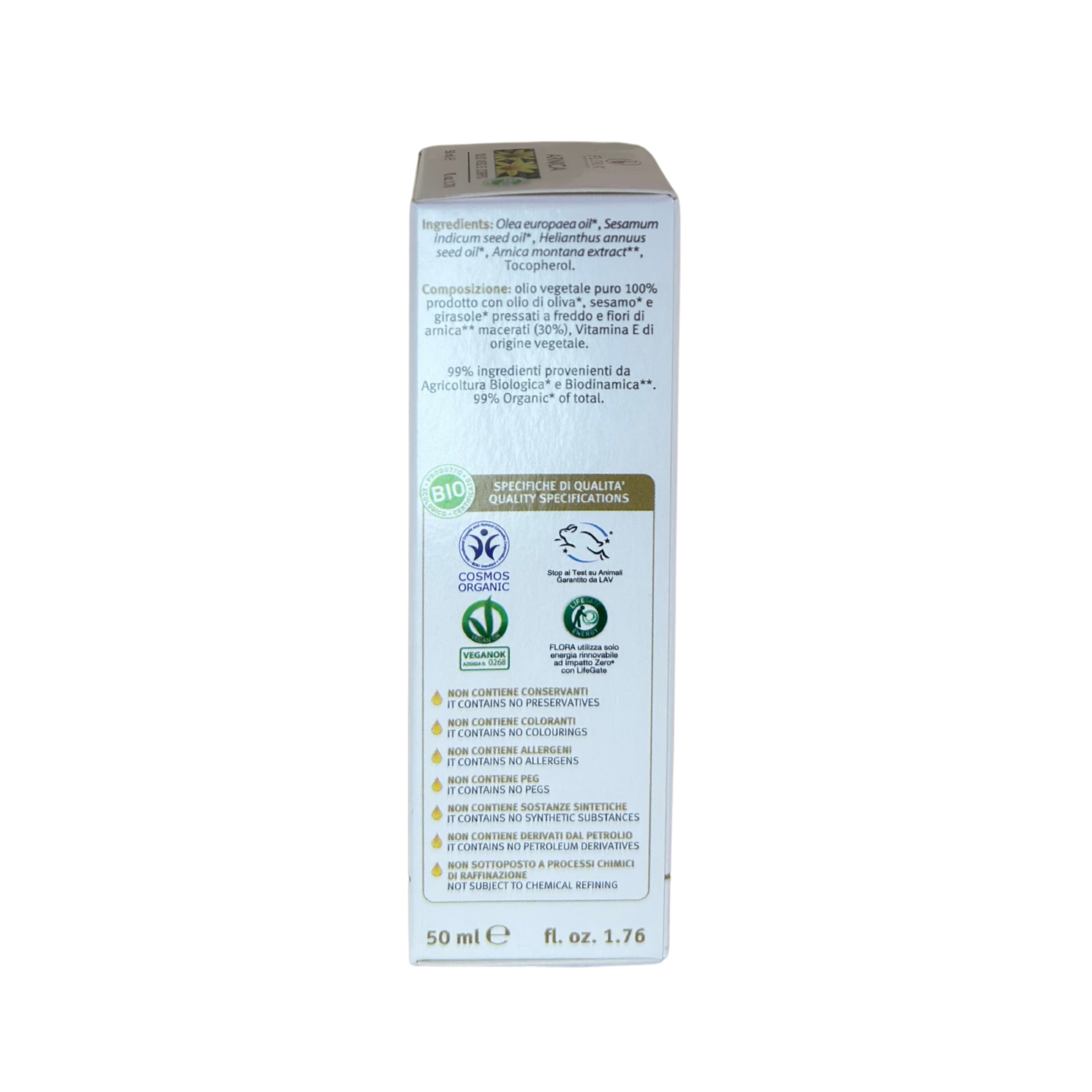 FLORA Olio di Arnica BIO‑COSMOS 100 % Puro 50 ml | Macerato 45 giorni in Olio di Oliva, Sesamo & Girasole | Lenitivo Rinvigorente per Traumi ed Ematomi | Base Aromaterapia | Made in Italy
