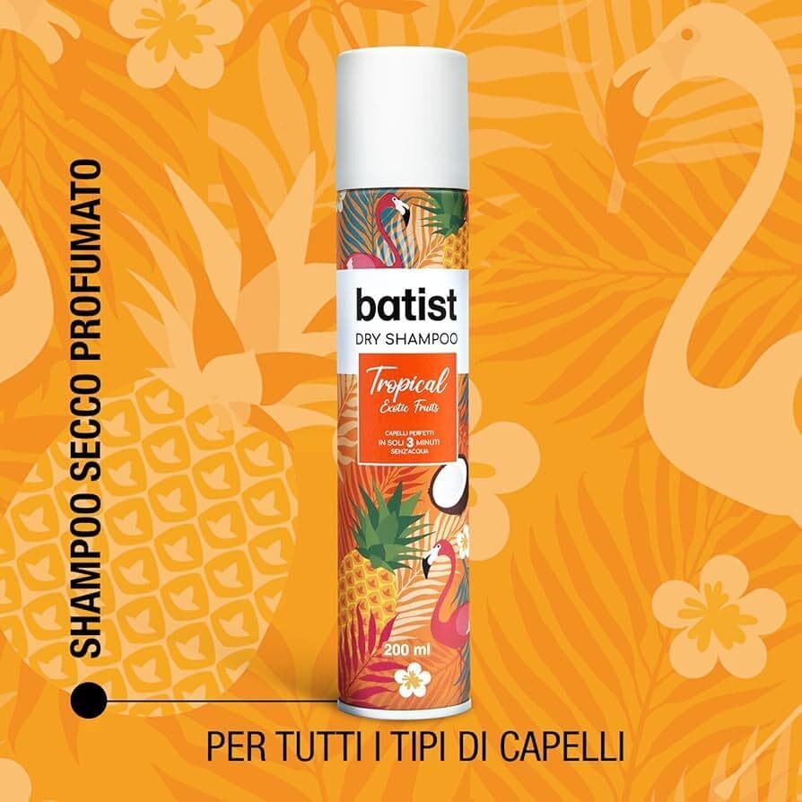 12 X Shampoo Secco Batist Tropical 200 ml - Profumazione Esotica Cocco e Frutto della Passione - Ideale per Acconciature e Messe in Piega - Adatto a Tutti i Tipi di Capelli - Made in Italy