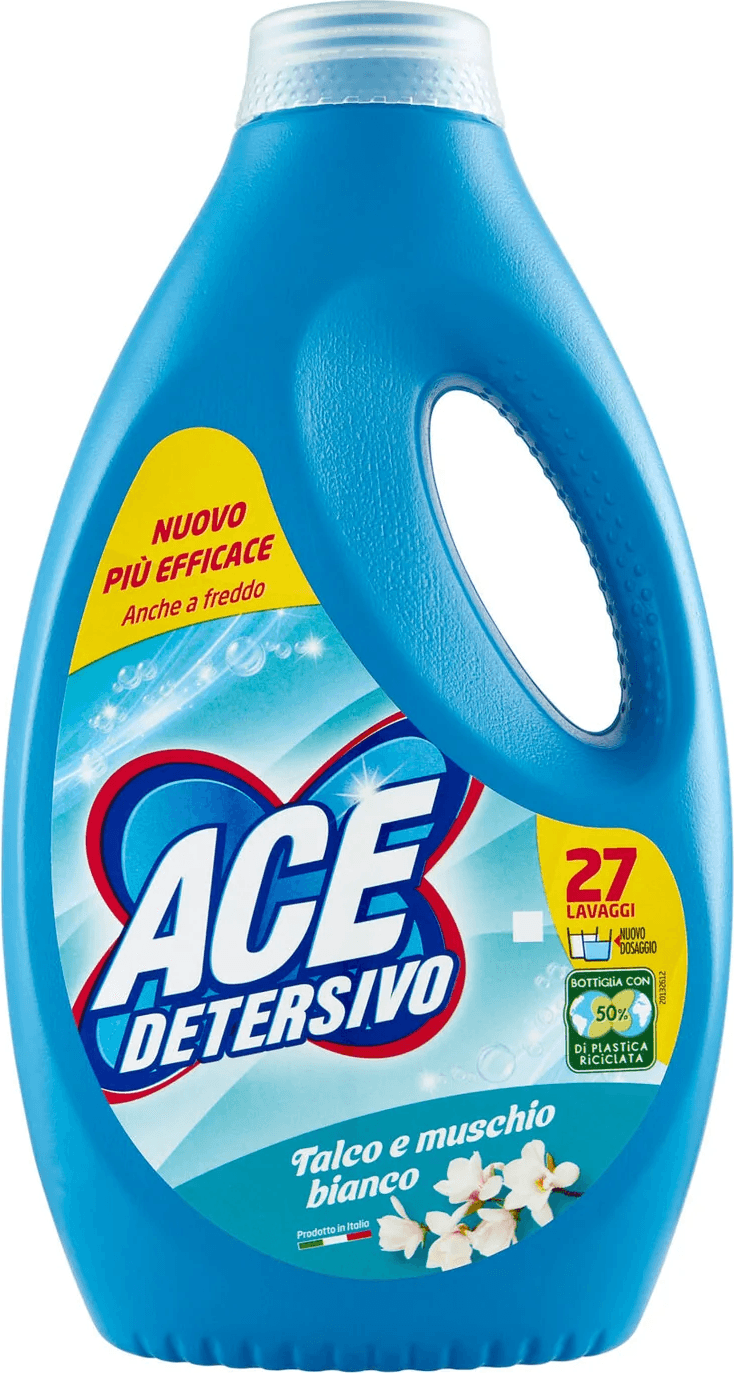 Detersivo Liquido Ace Talco e Muschio Bianco, 1350 ml, 27 Lavaggi - Pulizia Profonda e Freschezza Lunga Durata