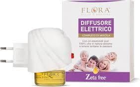 Diffusore Elettrico Antizanzare FLORA Zeta Free con Ricarica 25 ml, Oli Essenziali Naturali (Citronella, Geranio, Lavanda, Neem) - Repellente per Insetti, Profumo Rinfrescante per Interni, Efficace fino a 30 Notti