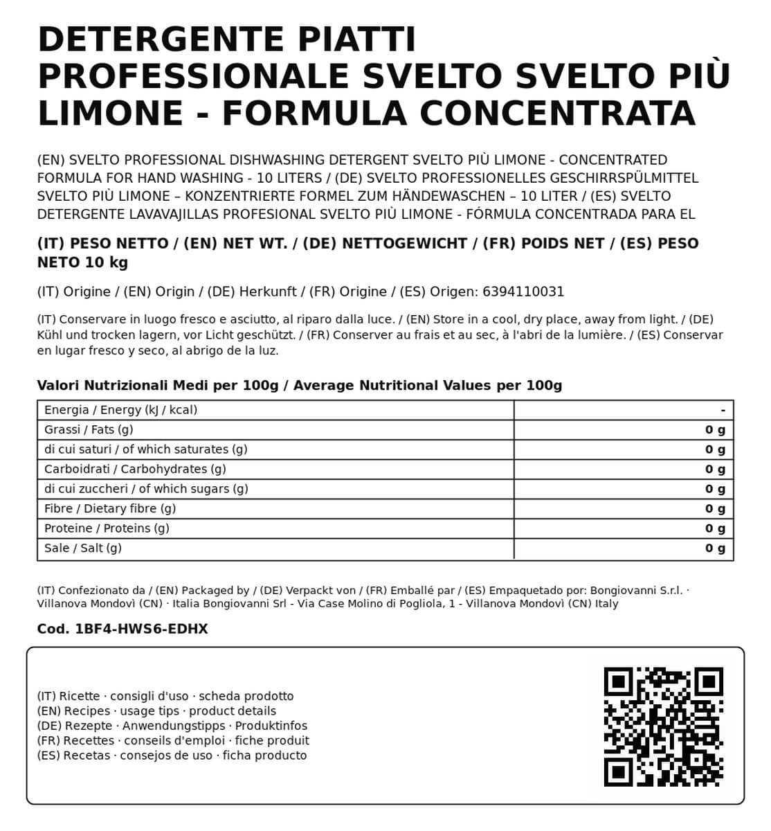 Detergente Piatti Professionale Svelto Svelto Più Limone - Formula Concentrata per Lavaggio a Mano - 10 Litri